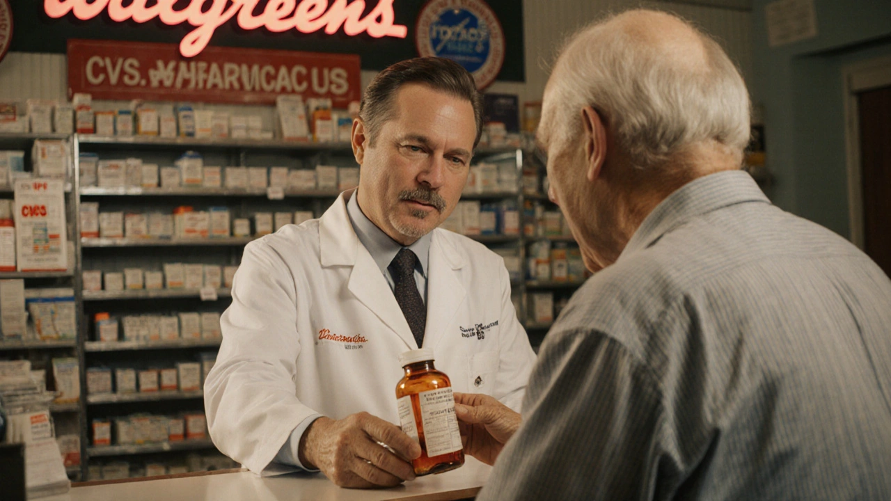 A kind pharmacist hands medicine to an elderly customer in a clean, trusted pharmacy.