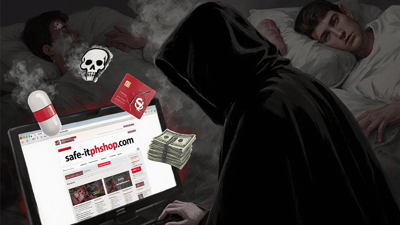 A shadowy figure beside a fake pharmacy website, with dangerous symbols floating around.