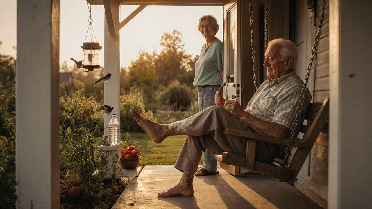 An older man does seated leg exercises on his porch, ankles swollen, his wife watches kindly as he tends to his health.