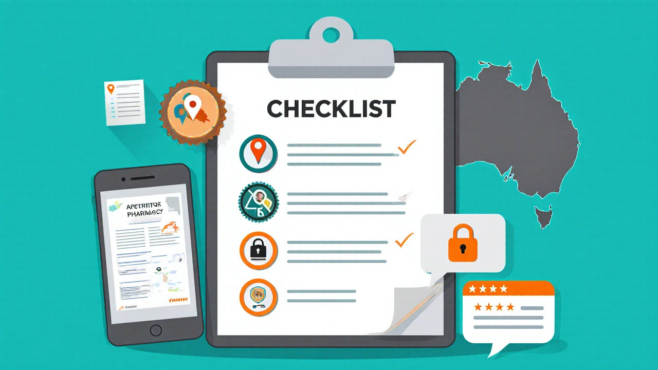 Checklist icons illustrating how to verify a legit online pharmacy.