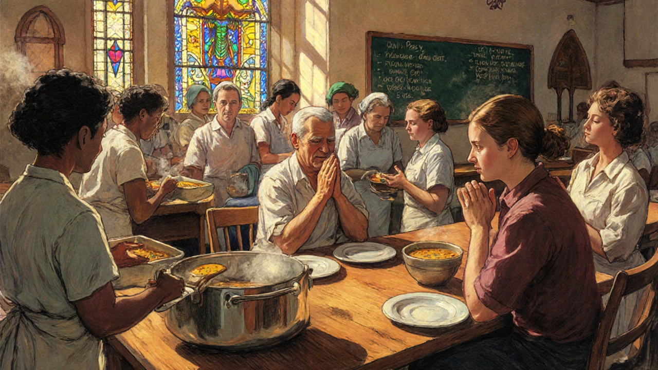 Community members sharing soup with patient, hands in prayer.