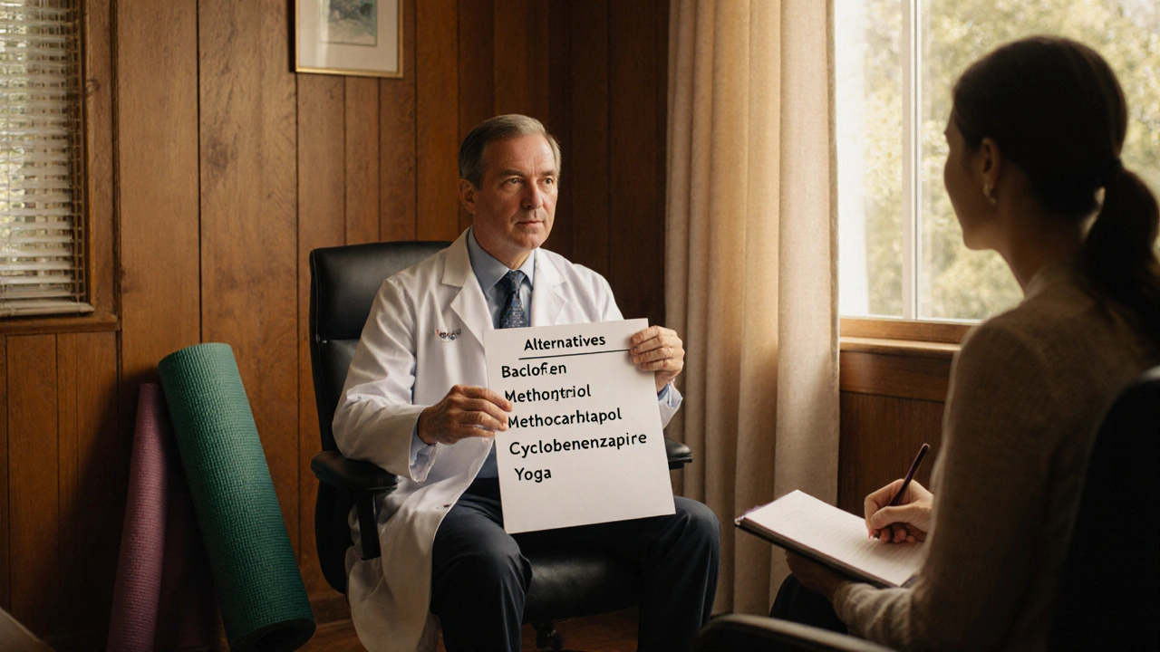 Doctor and patient discussing muscle relaxant alternatives in a warm office.