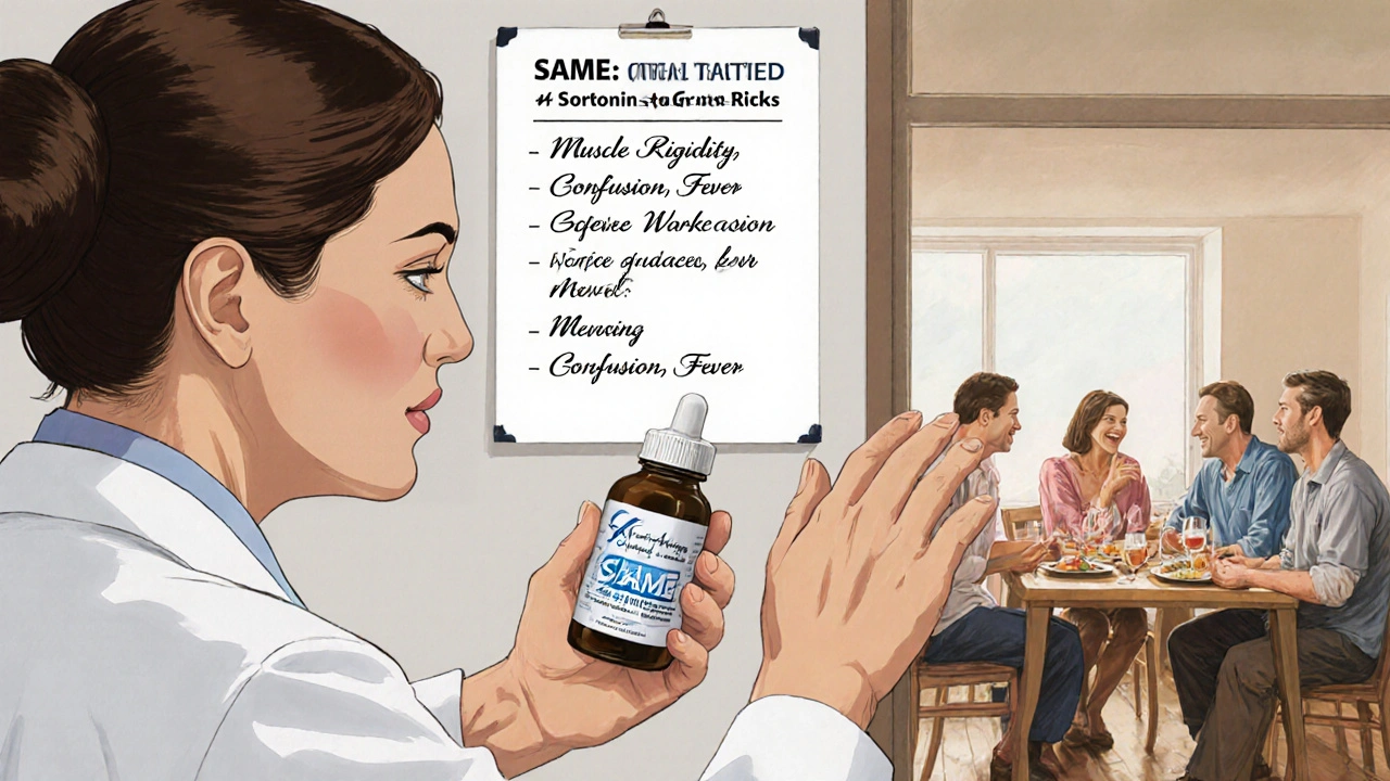 Doctor comforting patient holding SAMe bottle, medical chart with serotonin syndrome symptoms in background, family having dinner through window.