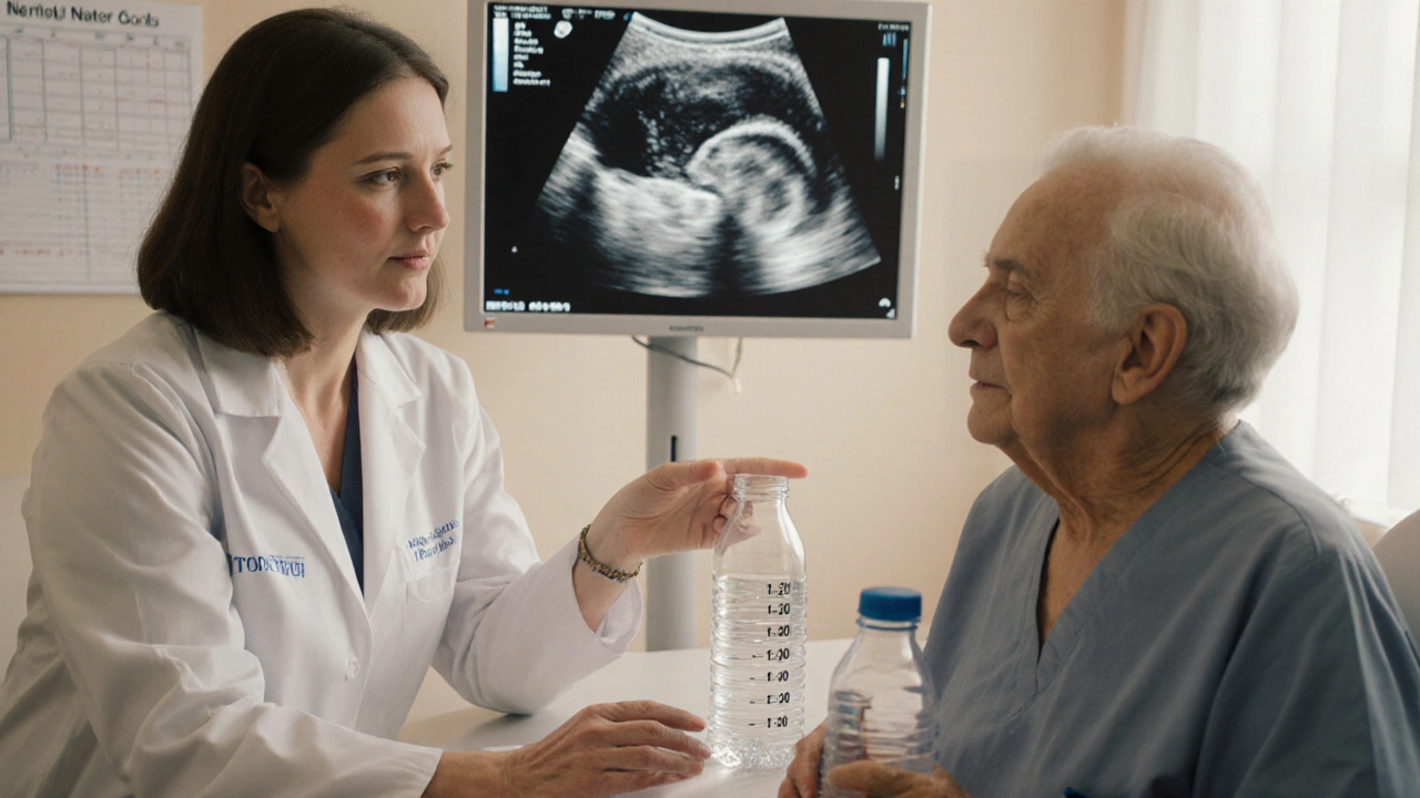 Doctor counseling an older patient with ultrasound of low‑volume bladder and water bottle nearby.