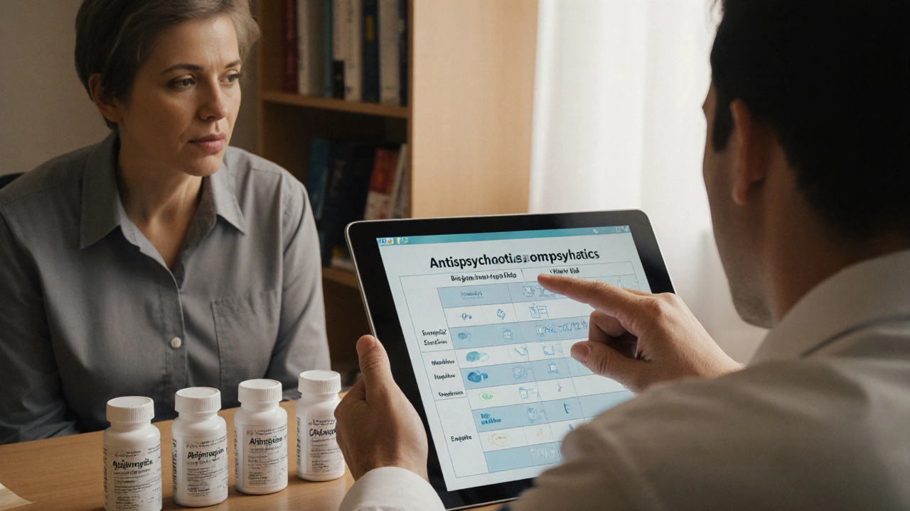 Doctor discussing antipsychotic options with a patient beside labeled pill bottles.