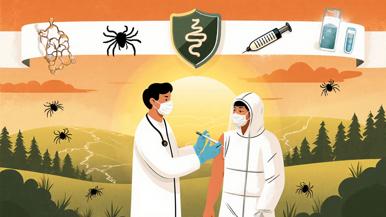 Doctor giving a monoclonal antibody injection to a patient as a sunrise scene shows ticks receding.