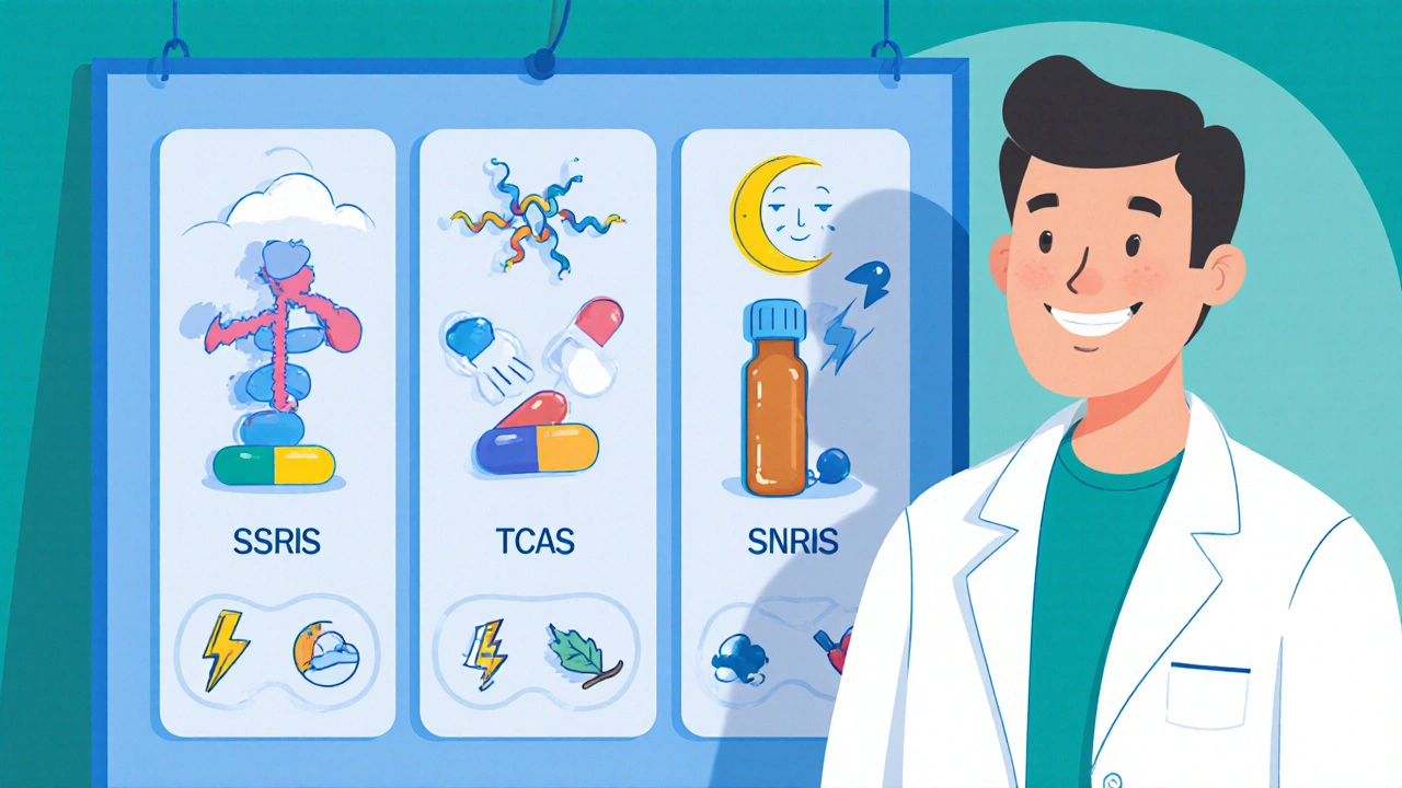 Doctor illustration with three panels showing antidepressant classes and their side‑effect symbols.