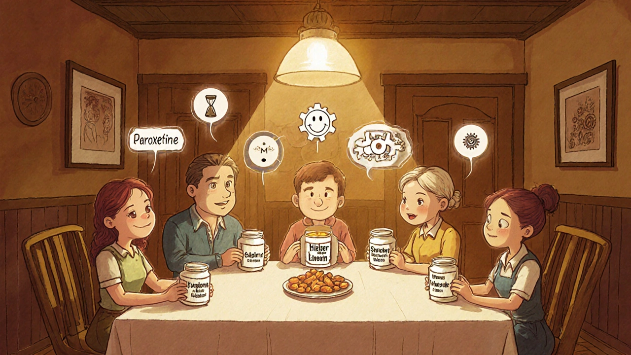 Family members at a kitchen table each holding a different antidepressant bottle with visual cues.