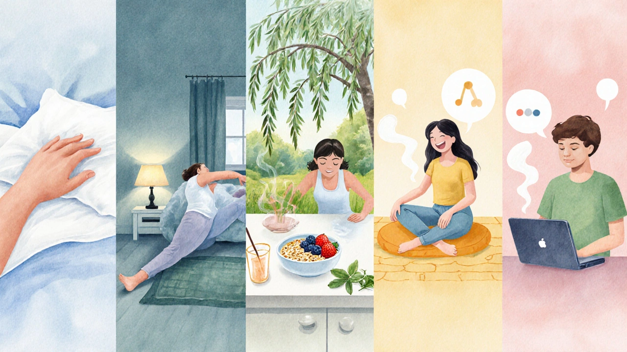 Five watercolor panels showing sleep, exercise, nutrition, meditation, and video chat.