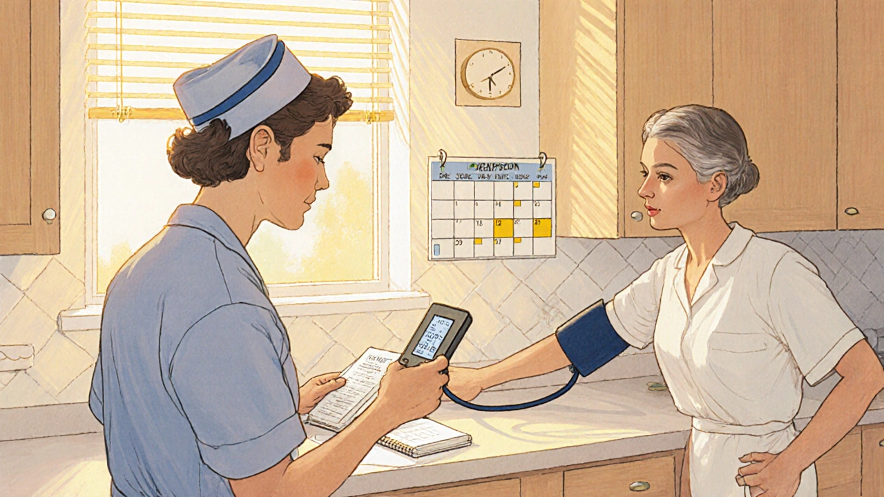 Home setting with patient checking blood pressure after switching medication, nurse showing lab notes.