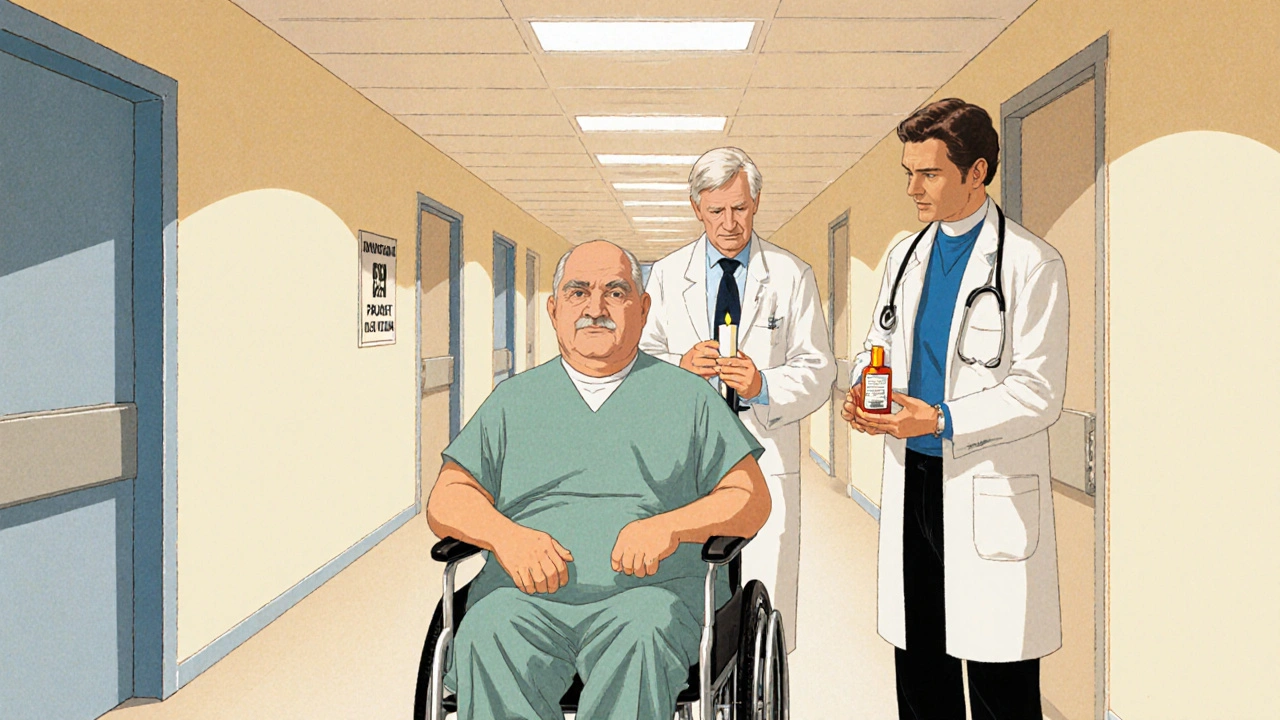 Hospital scene with chaplain, doctor, patient, medication and candle.