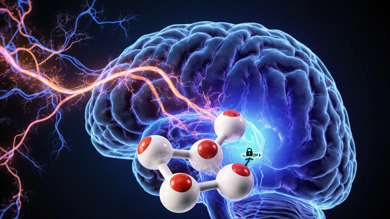 Illustrated brain showing mesolimbic pathway and amisulpride binding to D2/D3 receptors.