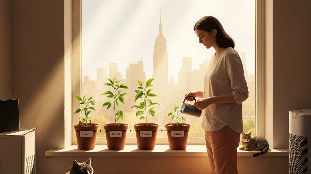 Indoor plant line on windowsill growing taller, person watering one plant.