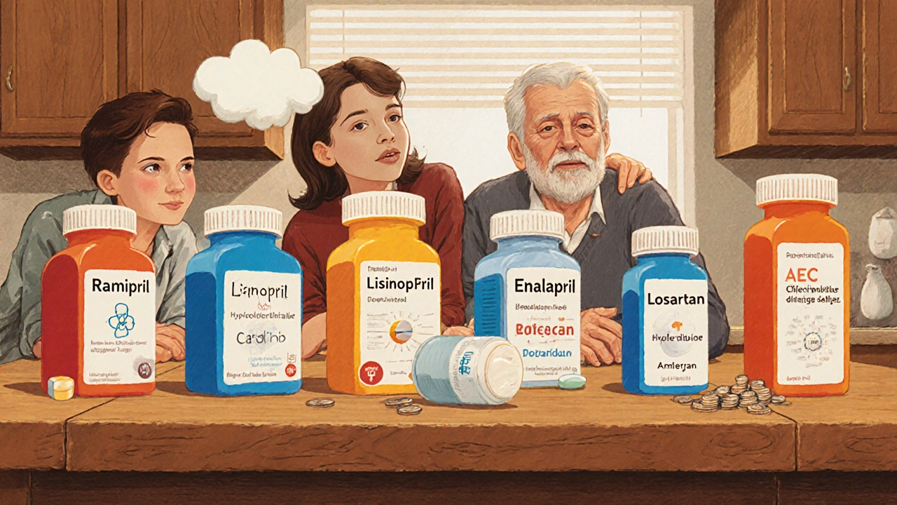 Kitchen table displaying various blood pressure medication bottles being examined by a family.
