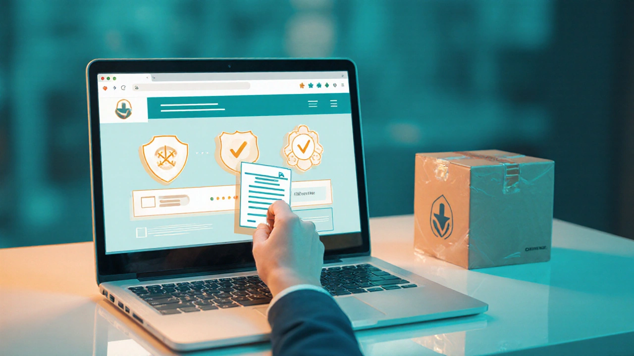 Laptop screen showing a verified pharmacy site with prescription upload and a shipping box.