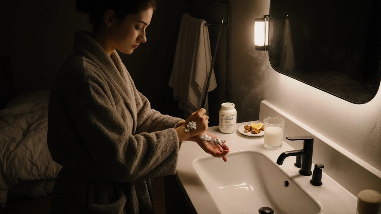 Nighttime bathroom scene showing cream application and nutritious snacks.