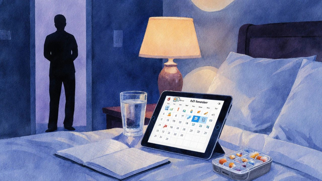 Nighttime bedroom scene with water bottle, pill organizer, calendar reminder, and a doctor’s silhouette.