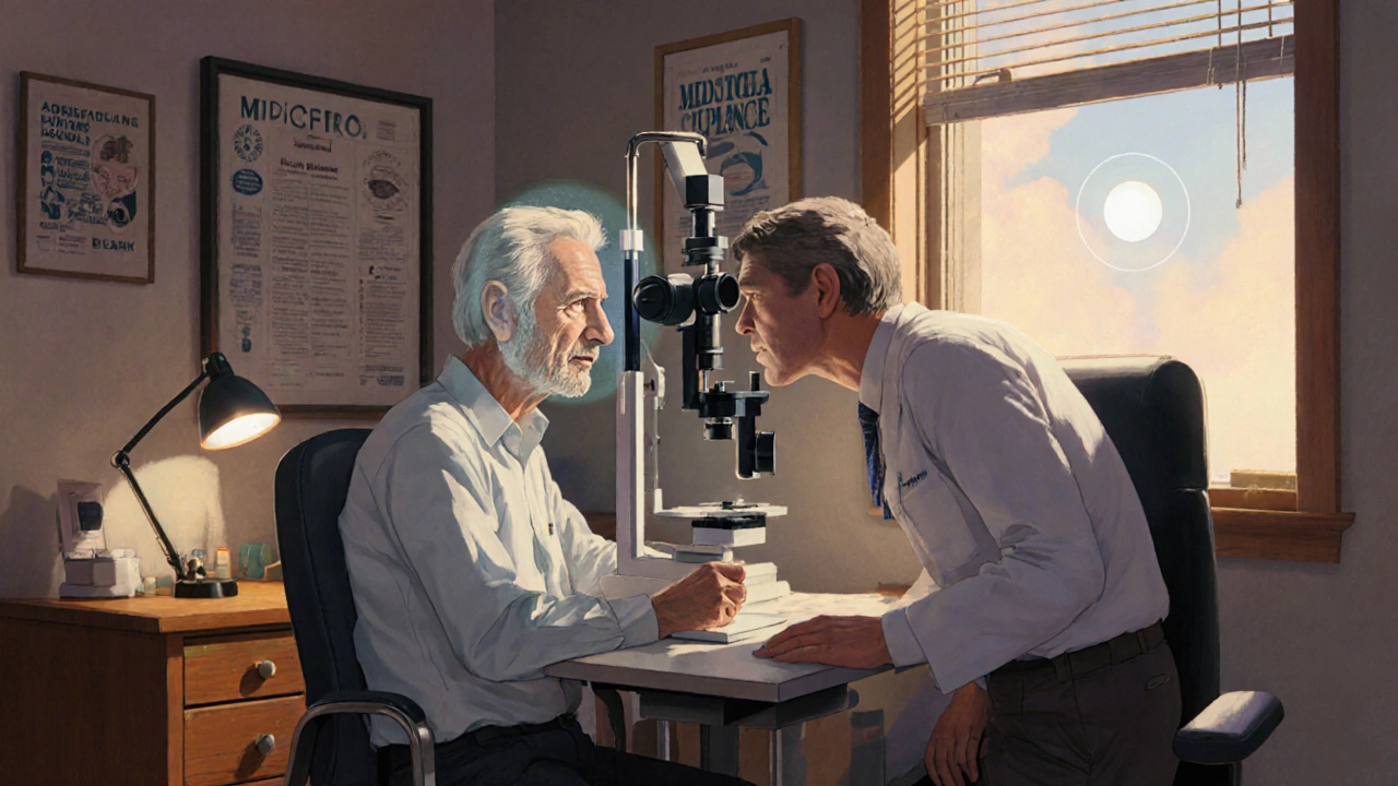Ophthalmologist examines a patient's eye, showing early cataract opacities.