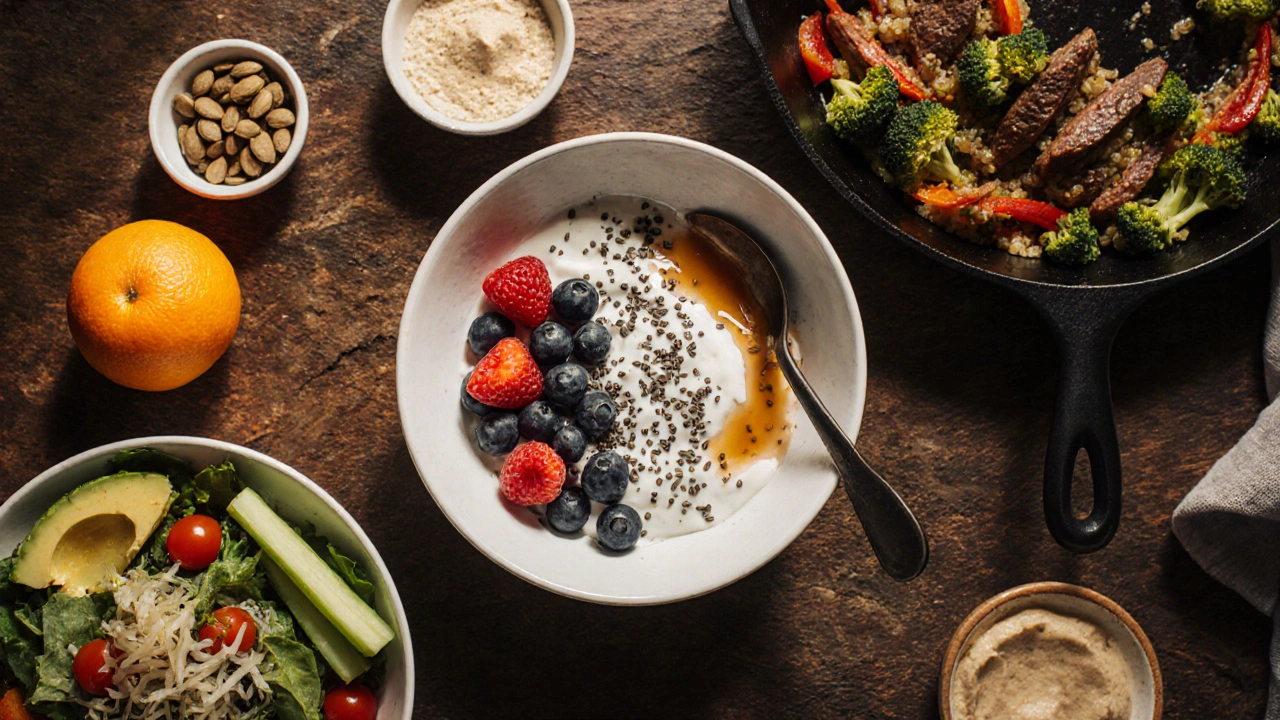 Overhead view of a full day meal plan with yogurt, salmon, and vegetables.