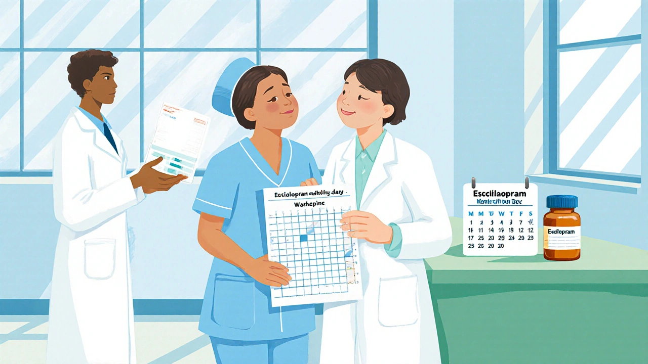 Patient receiving a taper schedule and new medication from a nurse and pharmacist in a bright clinic hallway.