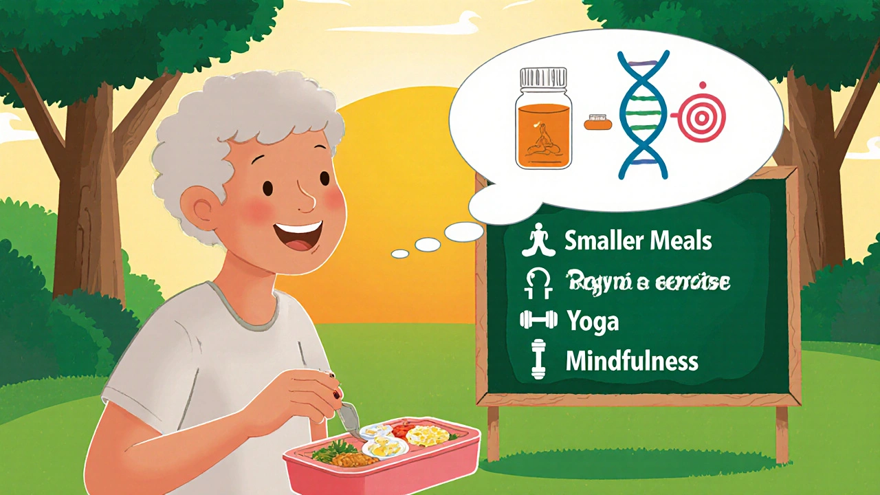 Patient walking with lunch, thought bubble of pill and DNA, lifestyle icons around.
