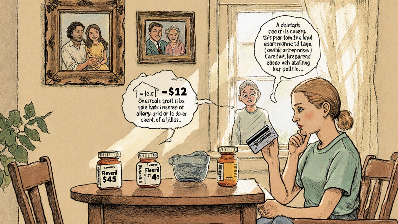 Patient weighing brand vs generic Cyclobenzaprine bottles, considering price and advice.