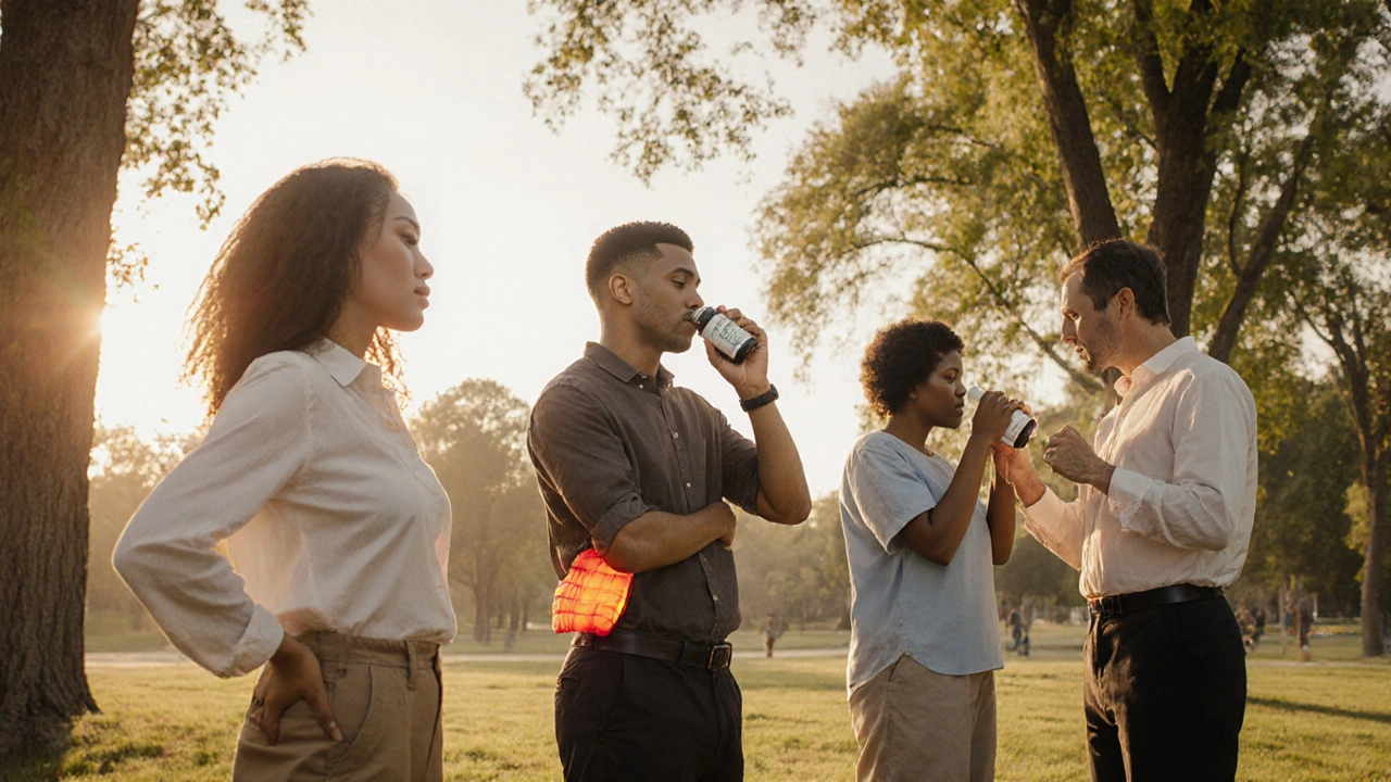 People practicing gentle stretches and using heat therapy in a sunlit park.