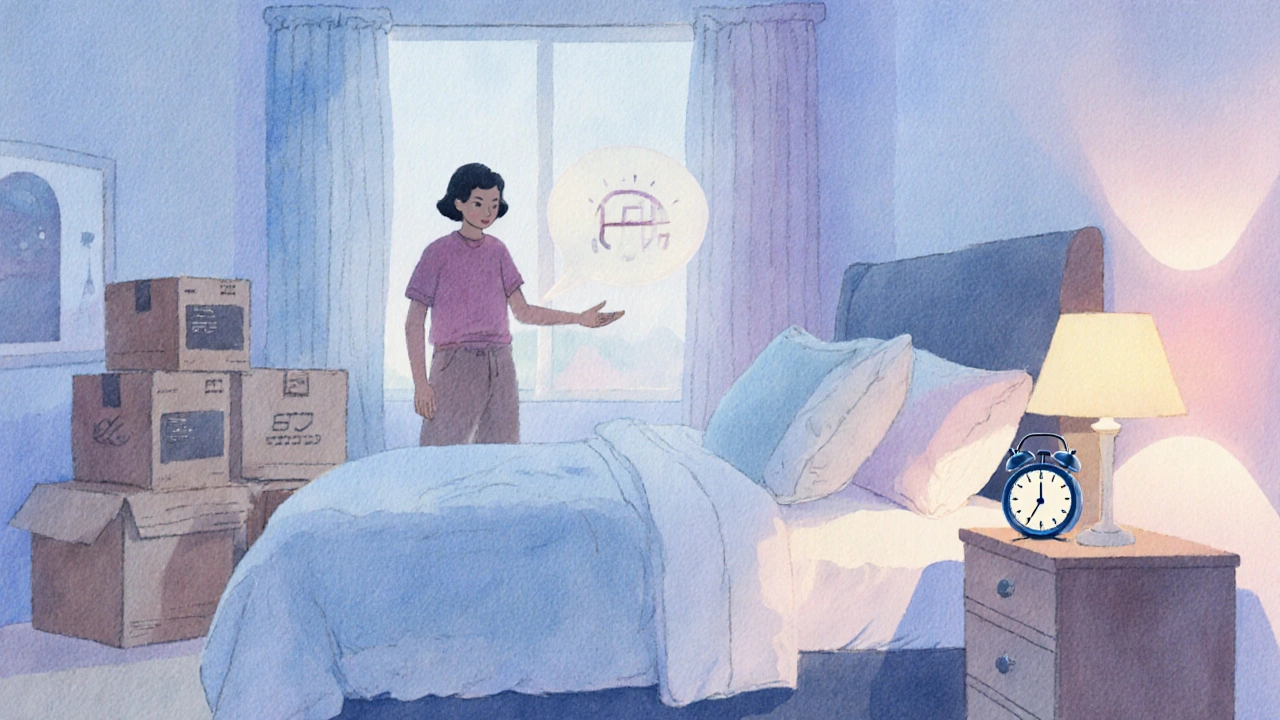 Person resisting cleaning urge in new bedroom, timer counting down, pastel watercolor style.