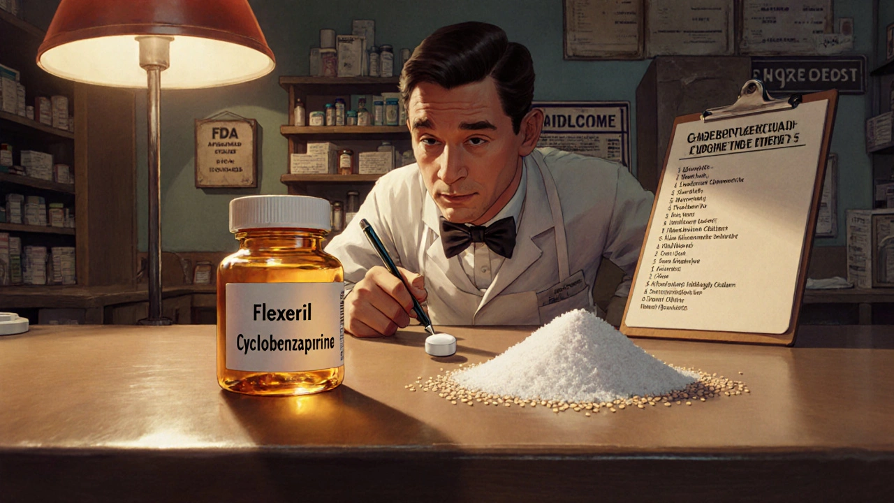 Pharmacist comparing a Flexeril capsule with a generic tablet and showing ingredient differences.