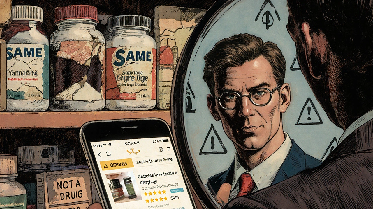 Pharmacy shelf with degraded SAMe bottle, man staring at smartphone with product page, shadows of medical warning symbols behind him.