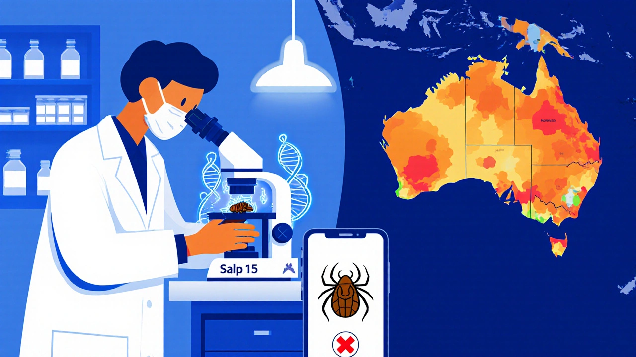 Scientist examining a gene‑edited tick beside a digital map showing shrinking tick hotspots.