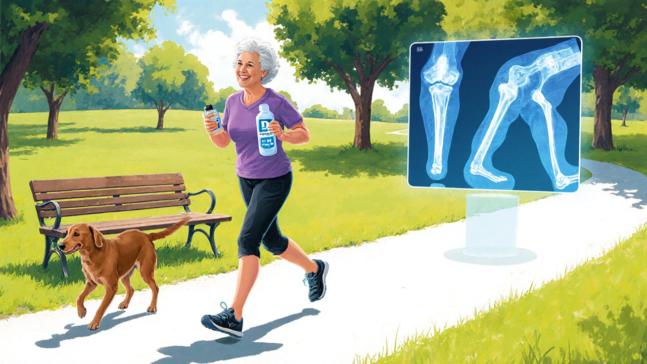 Senior woman walking in a park with a dog, hinting at bone health monitoring.