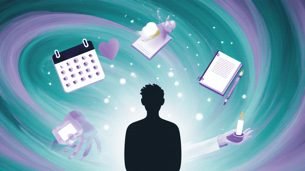 Silhouette surrounded by icons of support, routine, and mindfulness, conveying calm empowerment.
