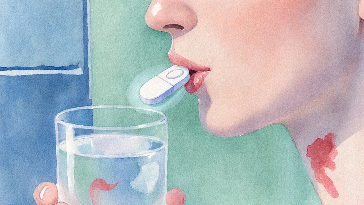Someone taking a clindamycin tablet with water, hinting at side effects.