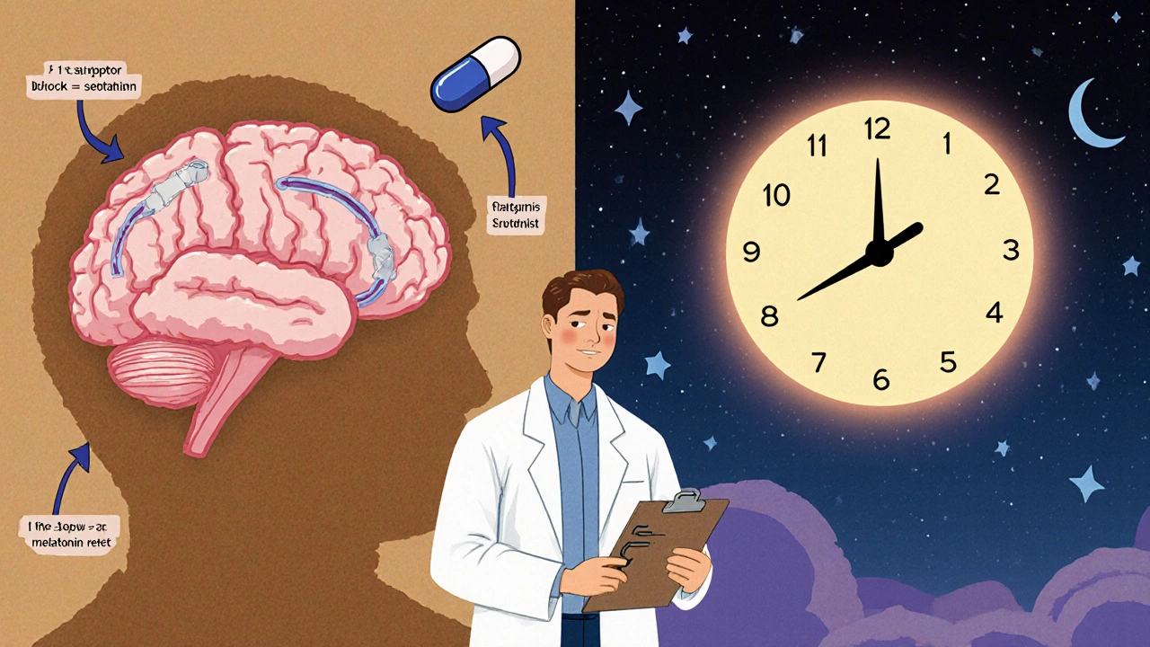 Split cartoon showing brain with antihistamine effect on left and melatonin clock on right, pharmacist in middle.
