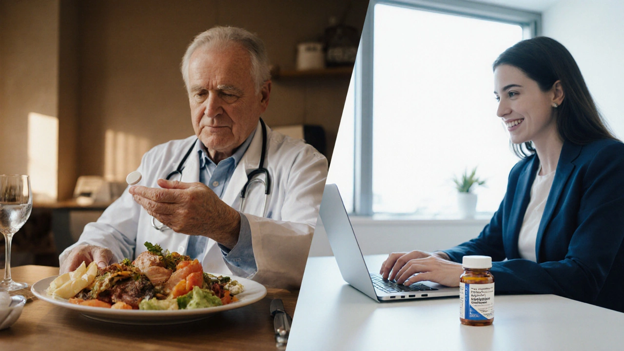 Split scene: weight‑gain patient with cyproheptadine and alert office worker using a non‑sedating antihistamine.