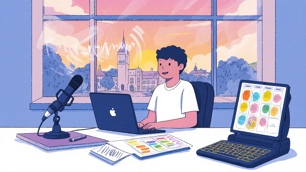 Student uses screen reader, speech‑to‑text, and digital organizer in a campus study lounge.