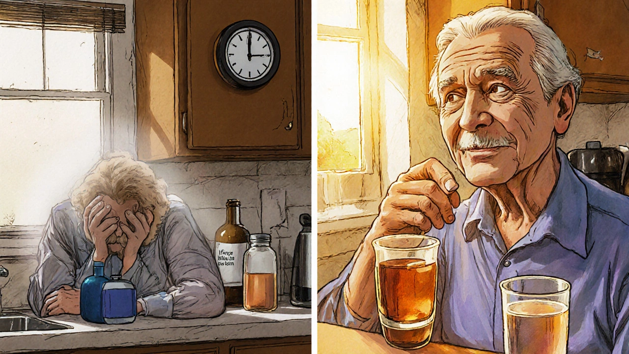 Two kitchen scenes: one person groggy after Doxylamine, another refreshed after melatonin, sunrise light.