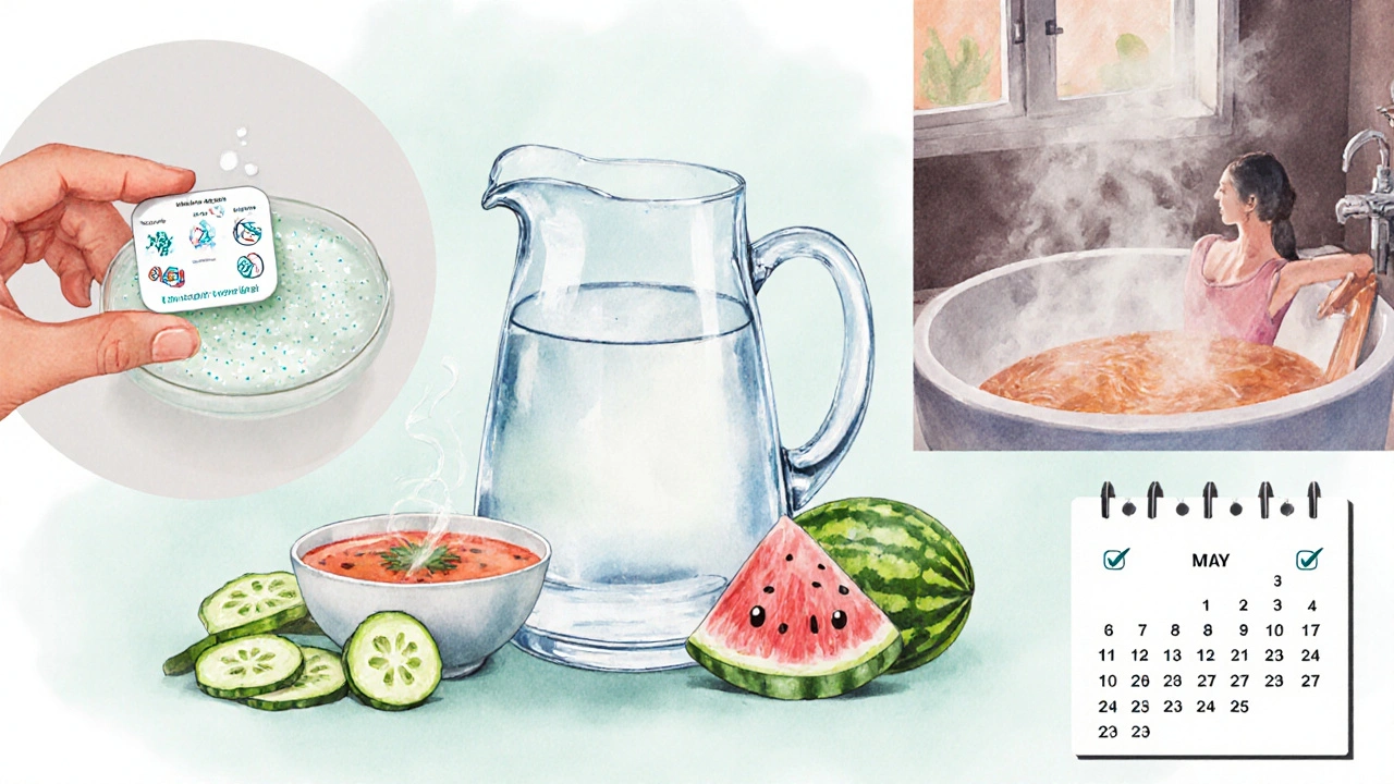 Watercolor scene of water, hydrating foods, electrolyte tablet, warm bath, and timed voiding schedule.