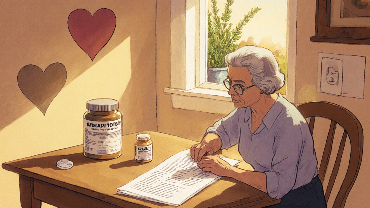 Woman at kitchen table reviewing meloxicam bottle, calcium supplements, and bone scan.