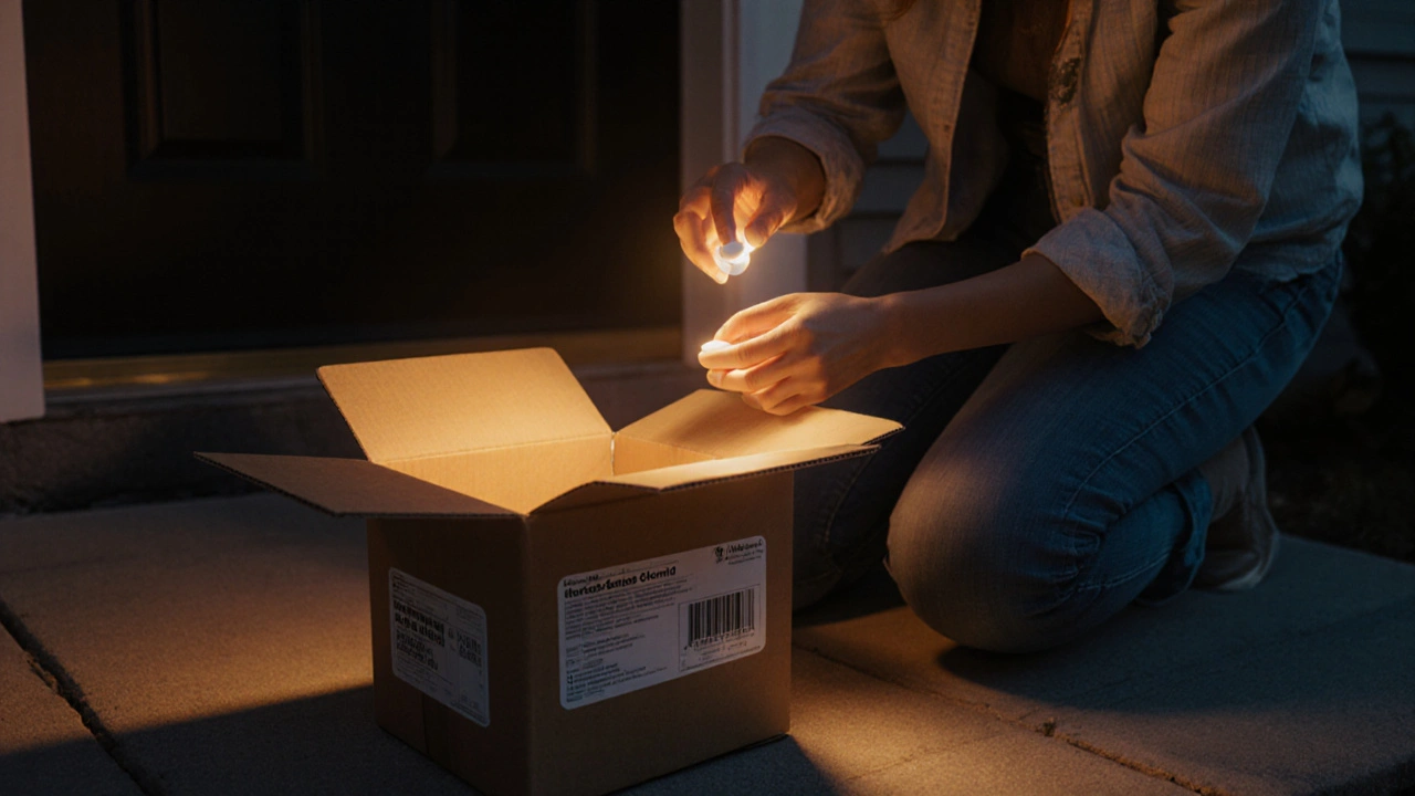 Woman opening a delivery package and examining a single Clomid tablet at home.