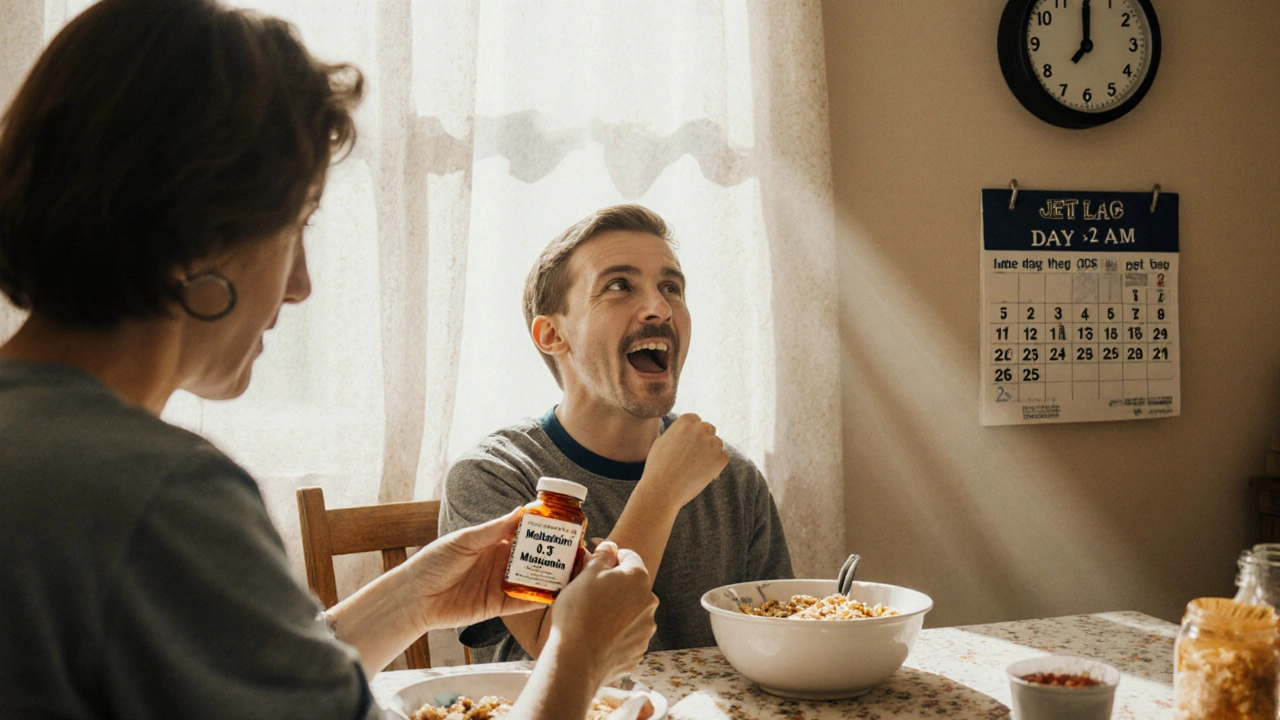 A boy at breakfast with a melatonin pill beside his cereal, sunlight streaming in, mother nearby.