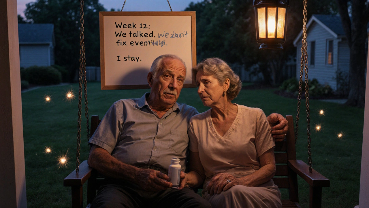 A couple on a porch swing at dusk, barely touching but connected, with a whiteboard showing progress in their journey together.