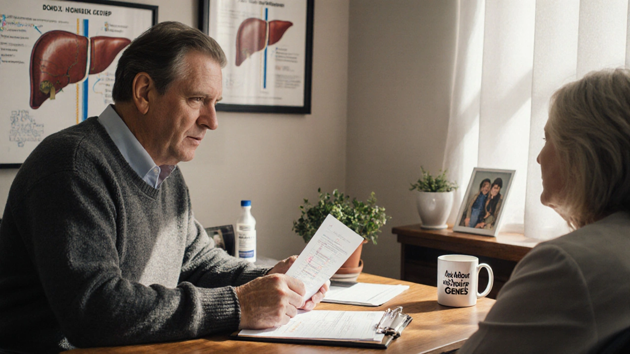 A doctor reviews genetic test results with a patient in a warm, detailed office setting showing medication safety.