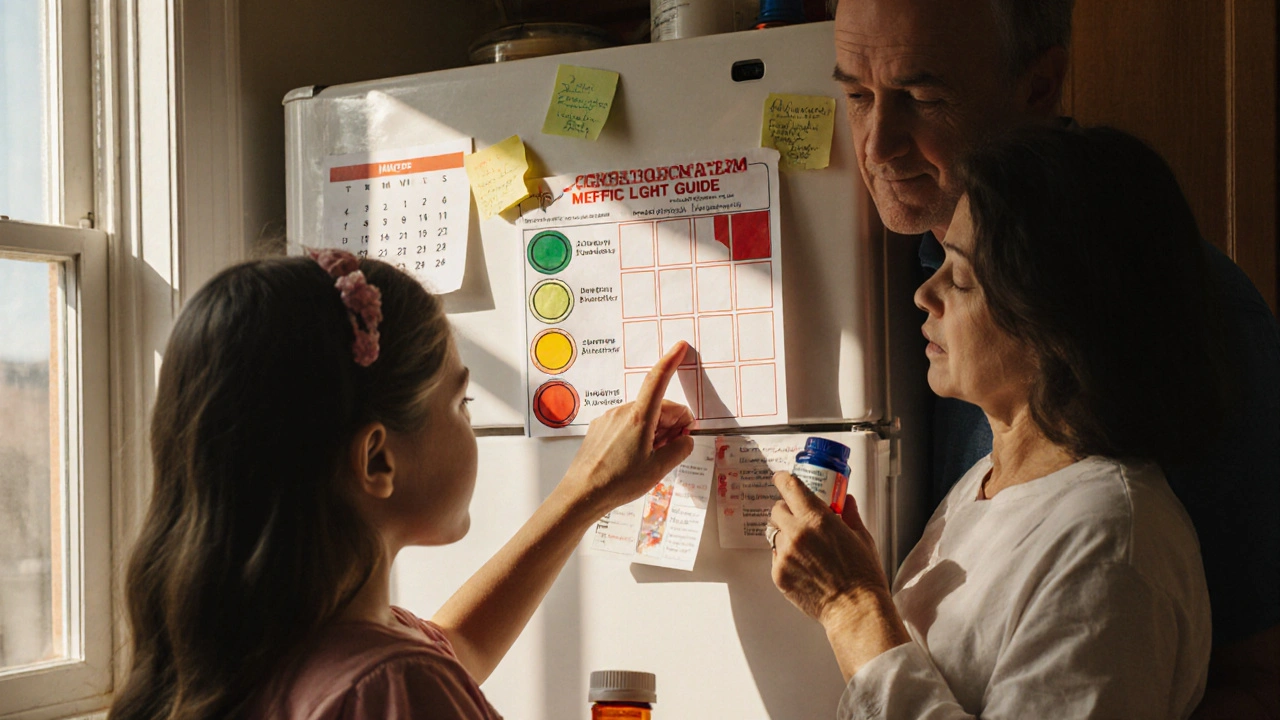 A family reviews a traffic light risk chart on the fridge with a Medication Guide.