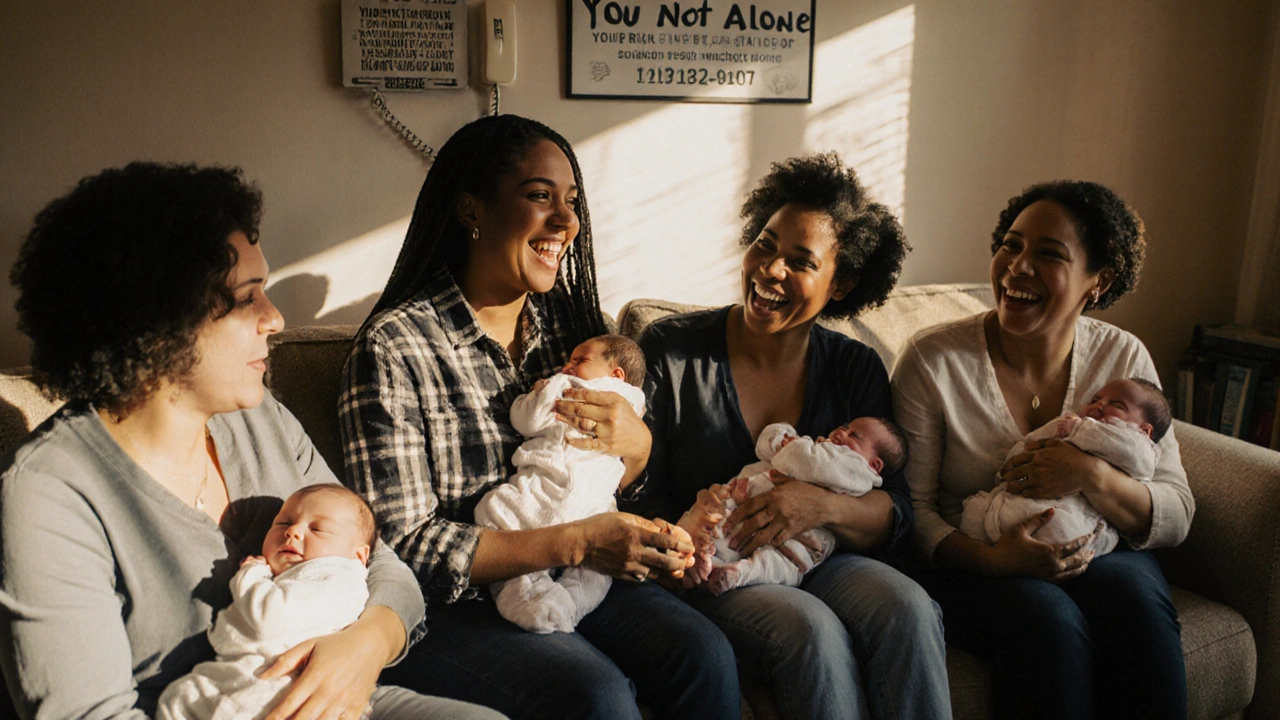 A group of mothers laugh together in a living room, bonding over shared experiences with their babies.