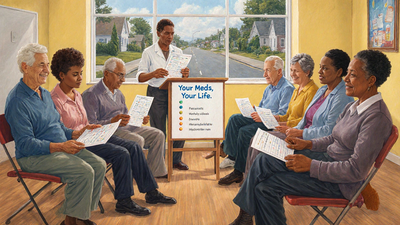 A group of patients receive personalized medication plans in a community center, smiling with newfound clarity and confidence.