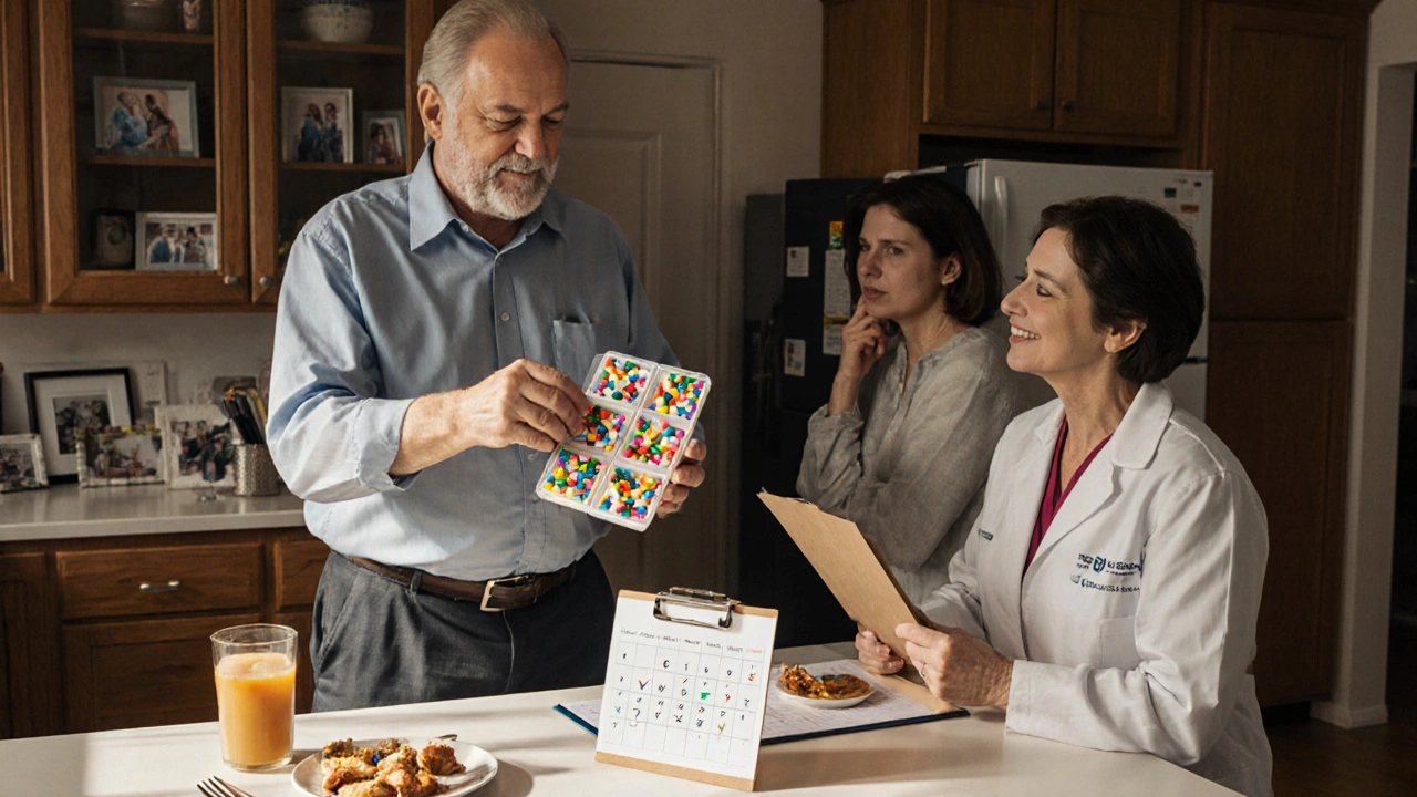A man and pharmacist discuss a simplified pill schedule in a kitchen filled with family photos and morning light.
