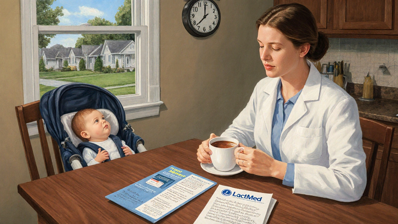 A mother reviews medication information at the kitchen table while her baby sleeps nearby.