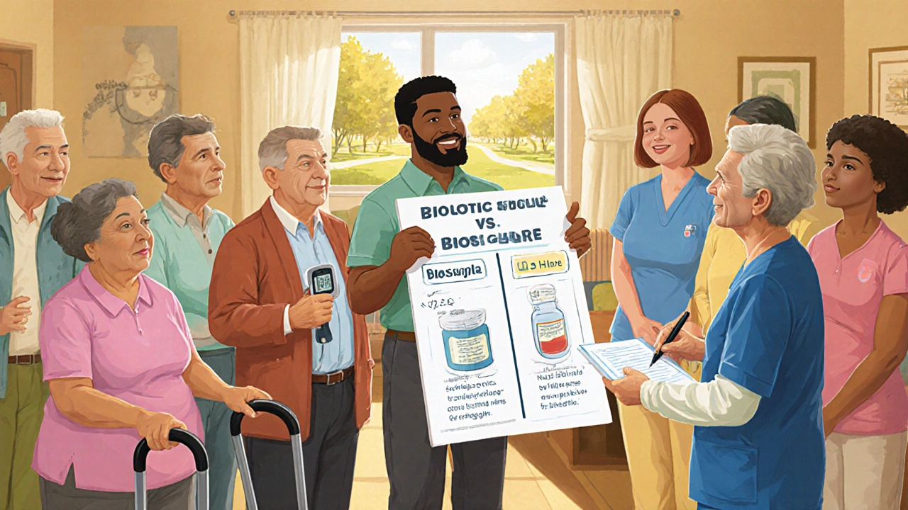 A nurse explains biosimilars to a diverse group of patients in a bright community center.
